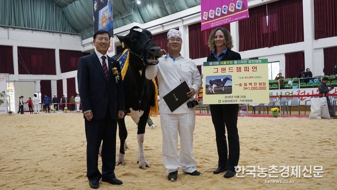 송용헌 서울우유협동조합 조합장이 시상식에서 기념사진을 촬영하고 있다. 이 자리에서 송용헌 조합장은 “이번 대회에 출품한 젖소 대부분이 우열을 가리기 힘들 정도로 우수해 한국 젖소 개량 수준을 다시 한번 확인할 수 있었다”며 “앞으로도 국내 낙농산업 발전과 고품질의 우유 생산을 위한 품종 개량과 기술 개발에 지속적으로 힘써 나갈 것”이라고 말했다. 나남길 kenews.co.kr