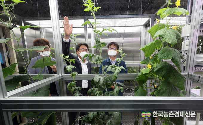 22일 허태웅 농촌진흥청장이 남극 세종과학기지에 보낼 식물공장을 제작하고 있는 경기도 평택시에 위치한 스마트팜 기업을 방문해 식물공장 내부를 살펴보고 있다. kenews.co.kr