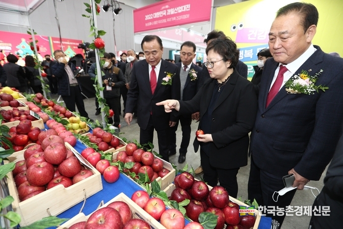 김정희 농식품부 식품산업정책실장이 2022 대한민국 과일산업대전에 참석하여 관계자와 관련 홍보관을 둘러보고 있다. kenews.co.kr
