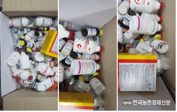 현장 지자체 A시청 사무실에 폐기된 약품이 적법하지 않게 방치되고 있는 모습들의 제보 사진이다. kenews.co.kr