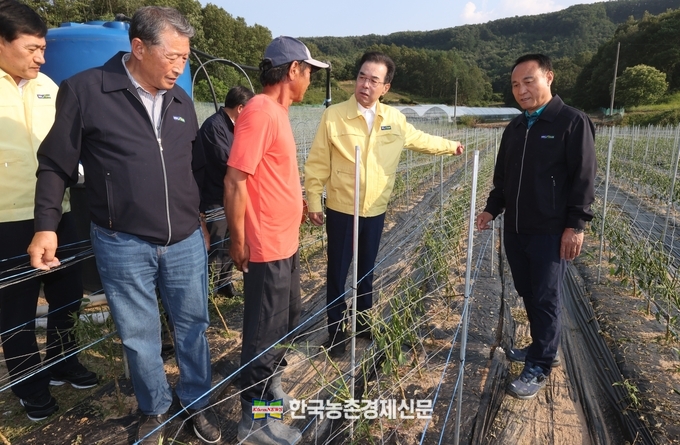 이성희 농협중앙회장(오른쪽에서 두번째)은 13일 충북 제천시 소재 우박피해농가를 방문해 피해상황을 점검하고 있다. kenews.co.kr