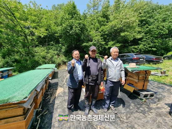 양봉협회 박근호 회장과 양봉농협 김용래 조합장이 농촌진흥청 관계자들과 천안 양봉농가 현장을 찾아 벌꿀 작황조사와 함께 양봉산업 발전에 대해 논의했다. <천안 = 나남길 kenews.co.kr>