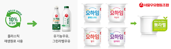 서울우유협동조합이 ‘친환경’을 필두로 다양한 ESG 활동을 전개하고 있다. 사진은 재생원료(r-PET) 플라스틱병을 사용한 유기농우유, 그린라벨우유(왼쪽)와 무라벨 패키지를 적용한 떠먹는 요구르트 요하임(오른쪽).kenews.co.kr
