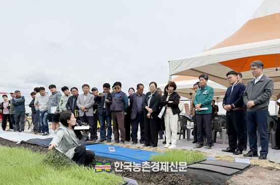 국립원예특작과학원 파속채소연구센터(센터장 문지혜) 정효진 연구사가 양파 노지모종 기계화 작업과정에 대해 설명을 하고 있는 모습.<사진= 농촌진흥청 kenews.co.kr> 